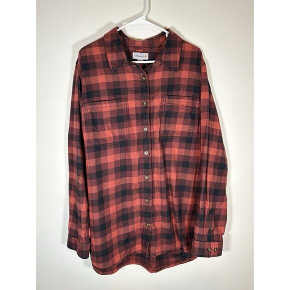 CARHART Womens Plaid Flannel Button-Up Shirt Red Black Gorpcore Cottage Size 2XL - Picture 1 of 6